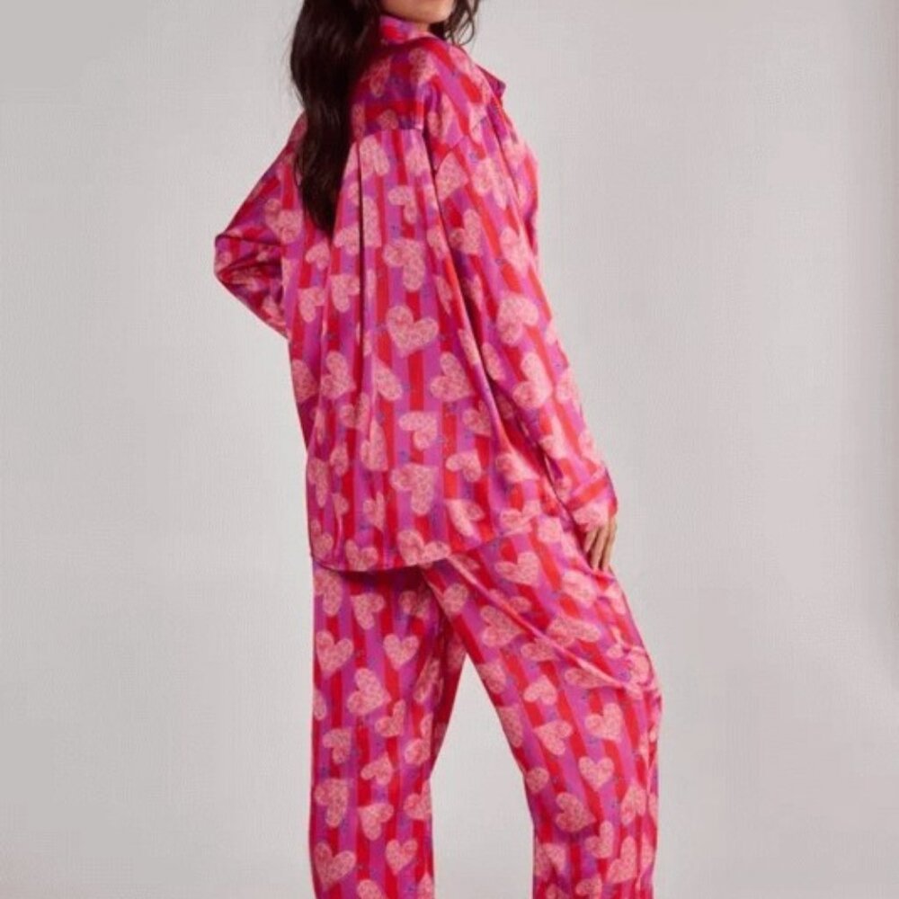 Nasty Gal Stripe Heart Oversized Shirt Pajama Pants Set